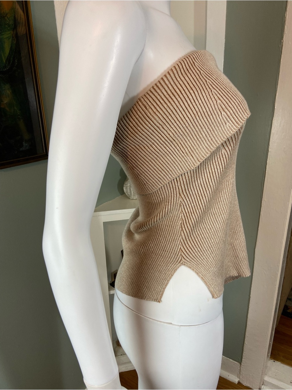 NWT New Mon Renn Beige Asymmetrical Strapless Knit Sweater Tube Top Small [CH] - Picture 9 of 12